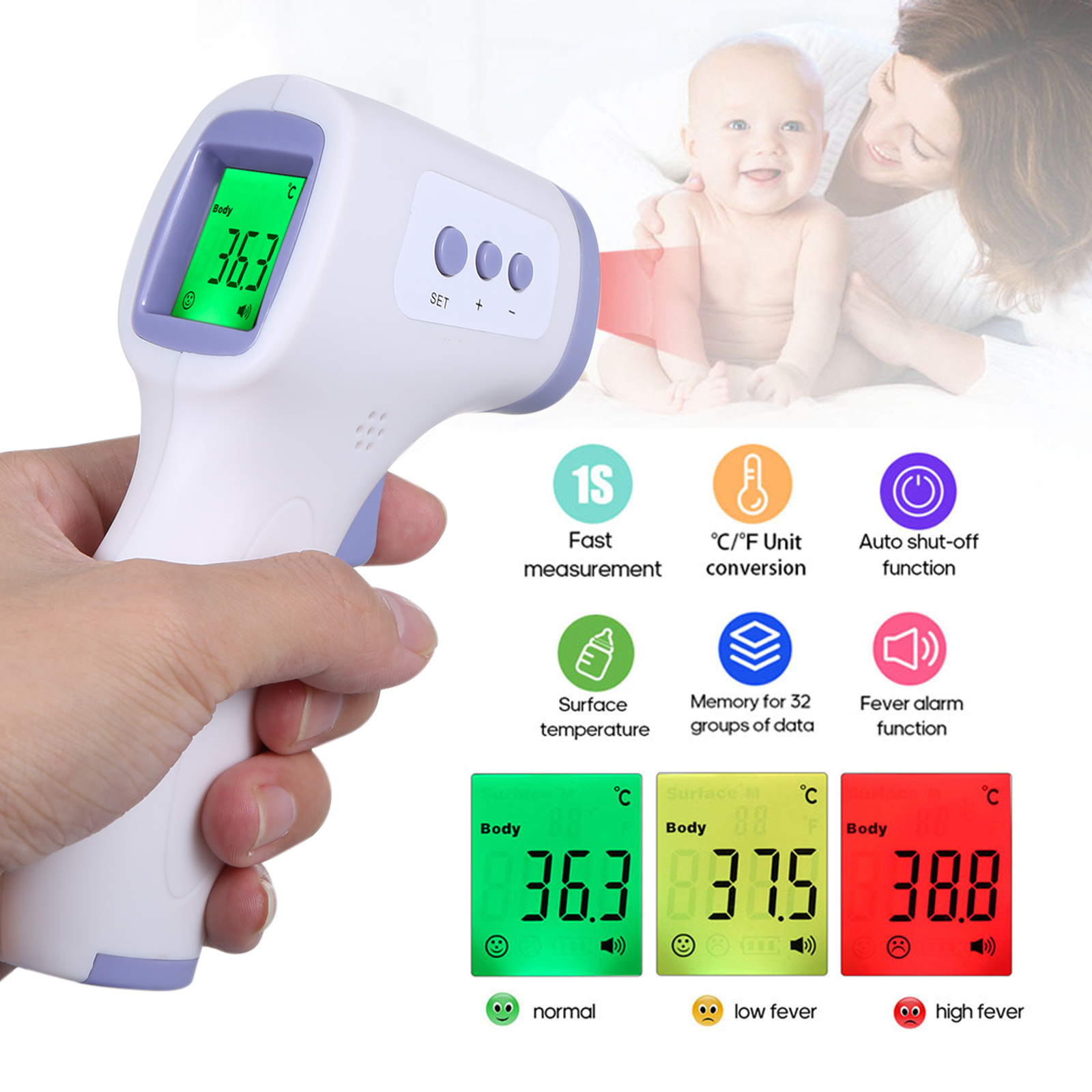 Benkeg Thermomètre numérique Mesure de température infrarouge sans contact avec rétro-éclairage 