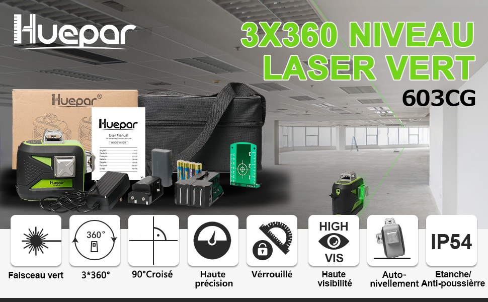 Niveau Laser Huepar 603cg 3×360 3d Vert trepied huepar tpd14