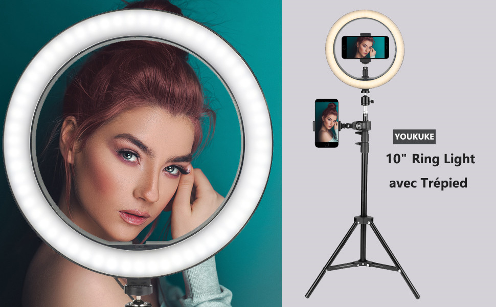 Famiatm 10 Ring Light,LED Anneau Lumineux Selfie avec Trépied Télécommande,Réglable avec 3 Modes d'Eclairage et 10 Niveaux de Luminosité Ring Light pour Tiktok Maquillage Enregistrements sur Youtube 