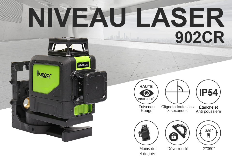 JENOR Niveau laser 360° auto-nivelant 2 lignes 1 point horizontal et vertical Rouge 