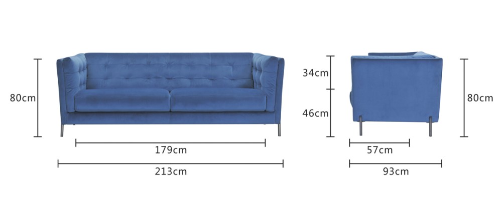 Canapé 3 places - Velours Bleu nuit - L 213 x P 93 x H x 80 cm