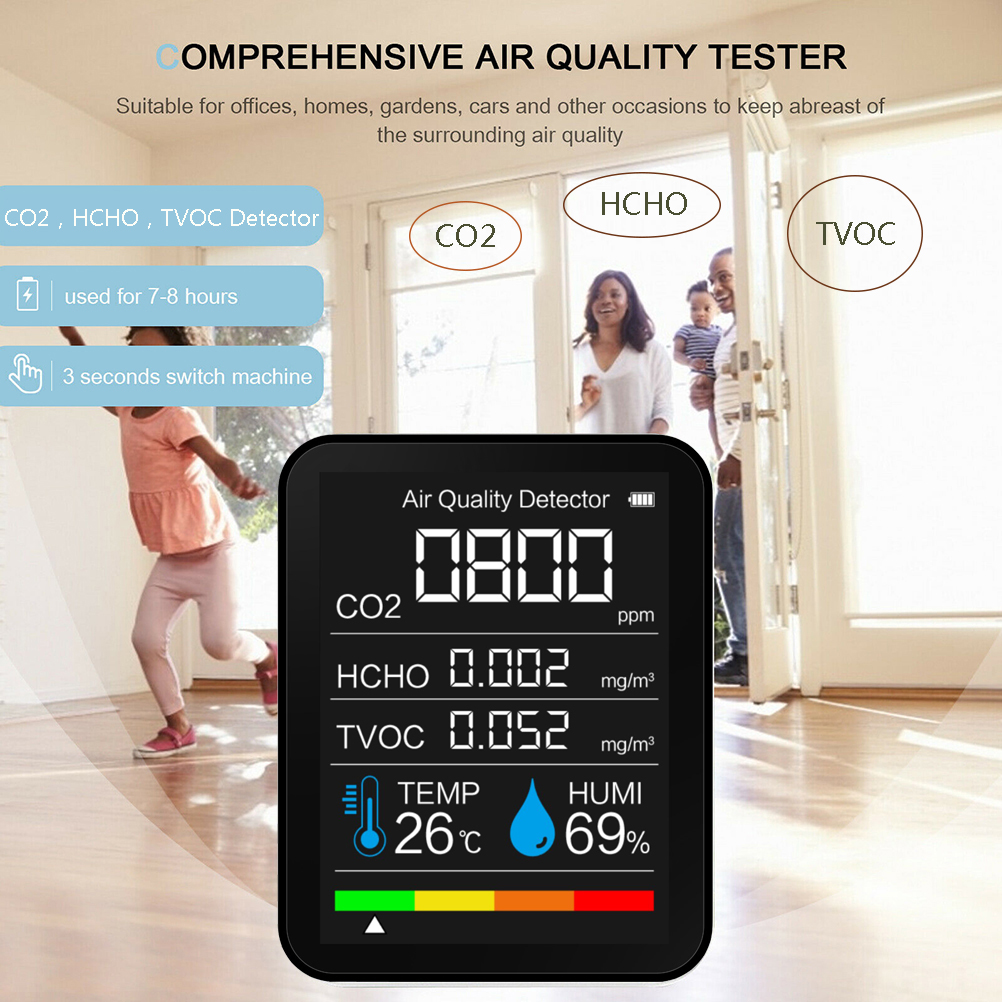 Detecteur CO2 Moniteur de Qualité de l'air co2 8 en 1，KKnoon Testeur de Qualité de l'air CO2 TVOC HCHO Température Thermomètre Intérieur Dispositif de Mesure de l'humidité 