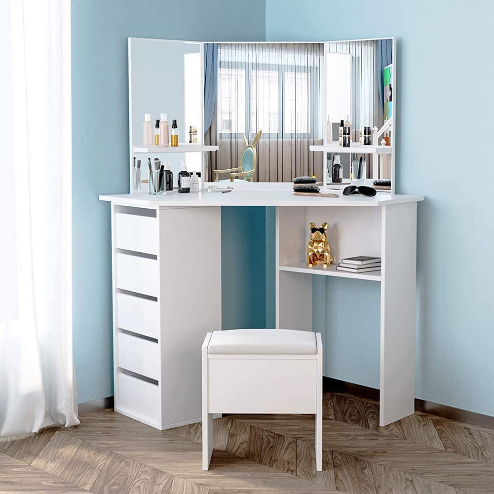 Blanc, 80x40x125cm Table de Maquillage Style Moderne avec 5 tiroirs et 1Compartiments de Rangement Coiffeuse avec Miroir rectangulaire 