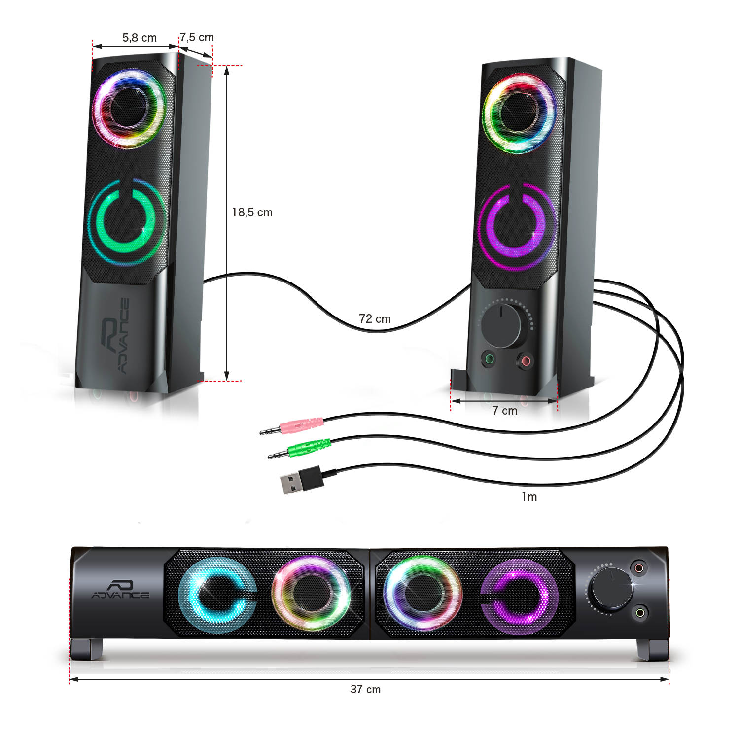 2IN1 SOUNDPHONIC 2.0 Jack 3.5 mm Audio et Micro Enceintes OU Barre DE Son A Vous DE Choisir ! ADVANCE 6W RGB Rainbow 