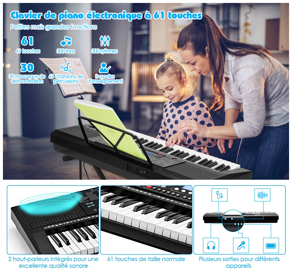 FunKey Clavier Piano Numerique Electrique Synthetiseur pro 61 Touches 300 Sons Noir 