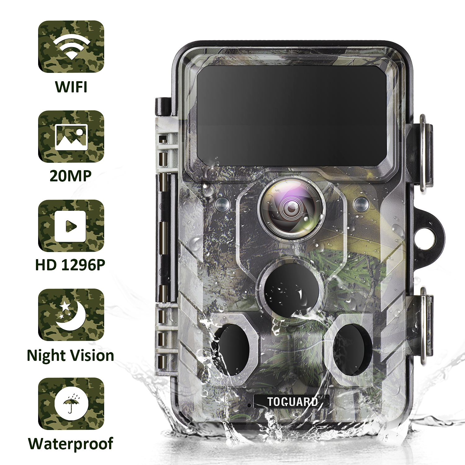 TOGUARD Caméra de chasse WiFi avec détecteur de mouvement Vision nocturne 20 MP 1296P Caméra de chasse vidéo avec grand angle de 120° IP66 Caméra de surveillance étanche avec écran LCD 2 