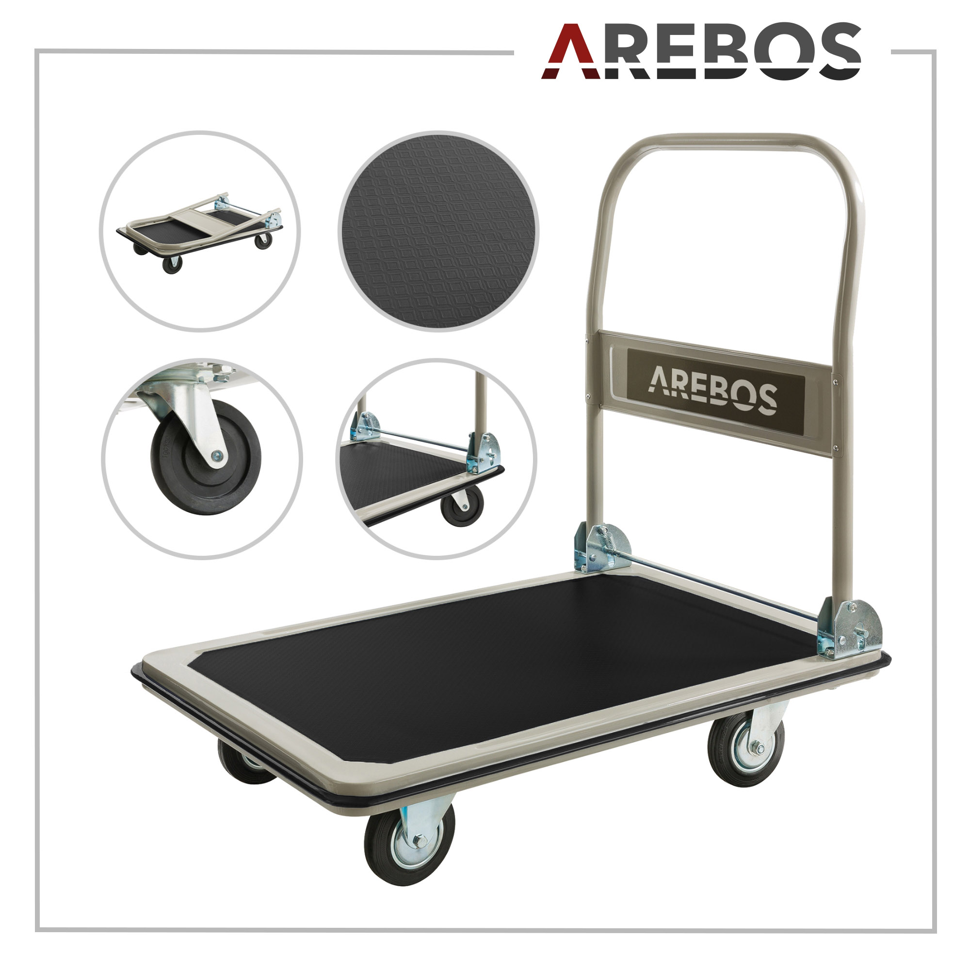 Arebos Chariot à plate-forme pliable Chariot de transport manuel 150kg 