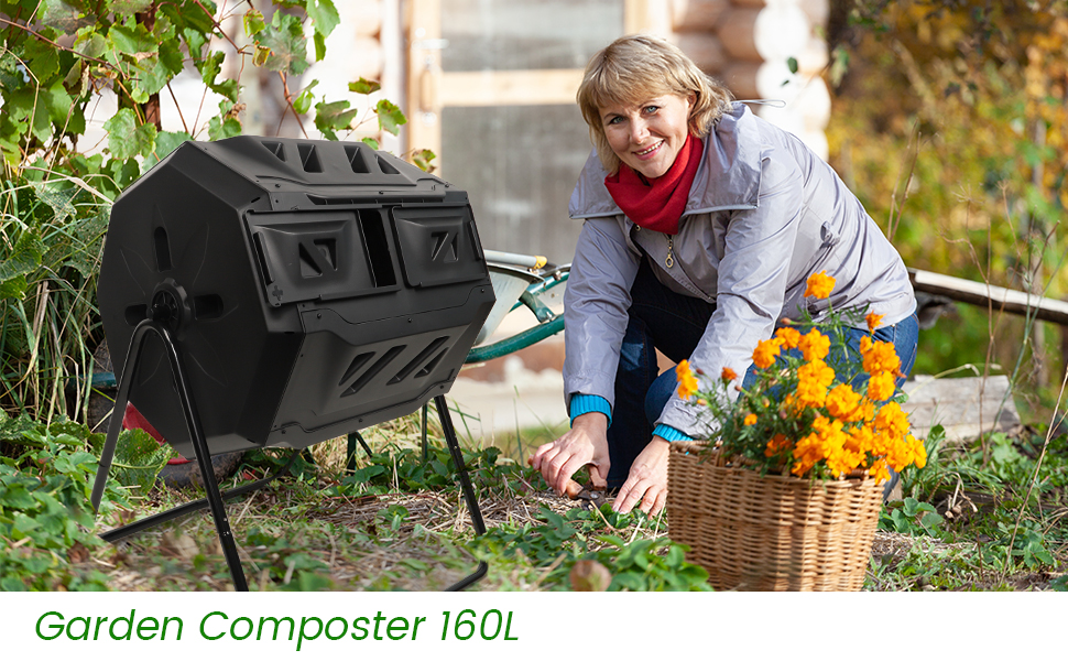 Noir Dripex Composteur de Jardin Rotatif 360° Double Chambre 160L Bac à Compost pour Déchets Pelouse 