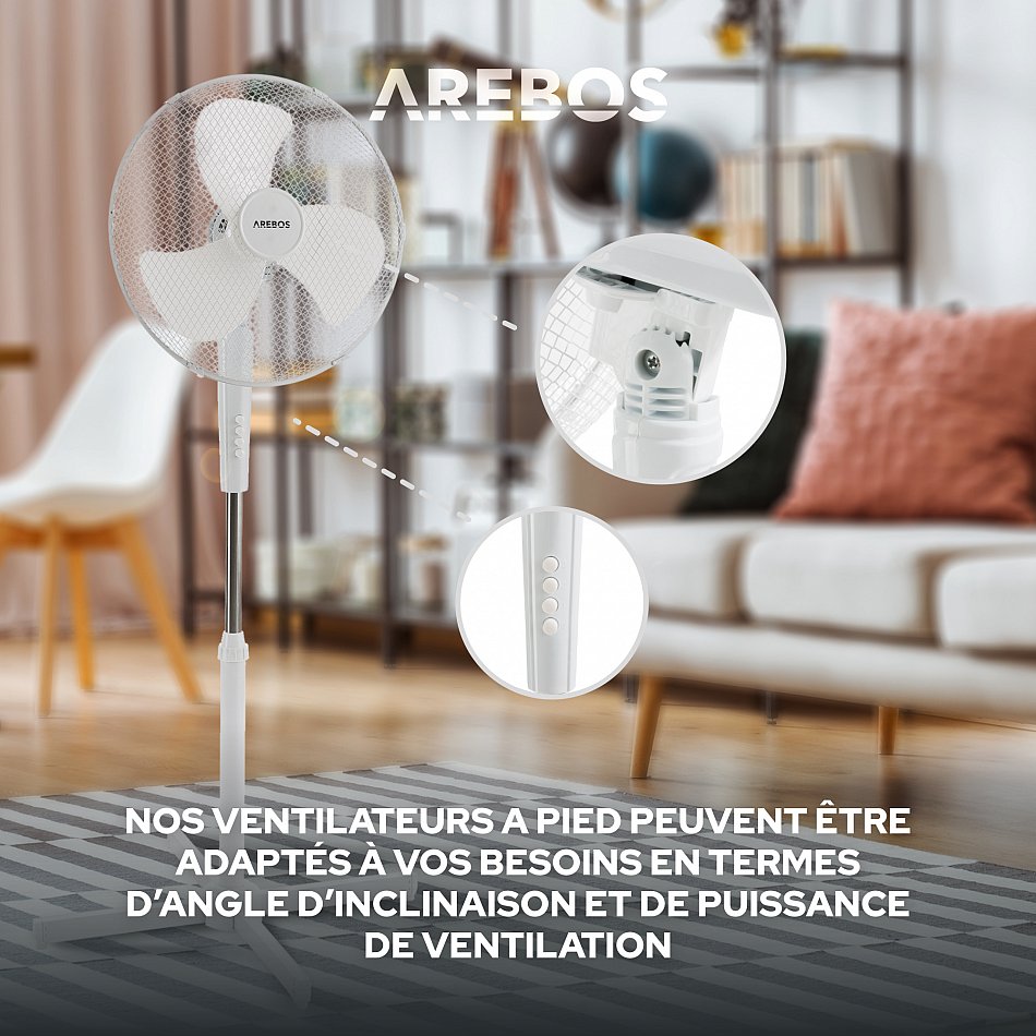 Arebos AREBOS Fan du Piédestal Ventilateur du Refroidisseur d'air 45W Blanc Oscillant 