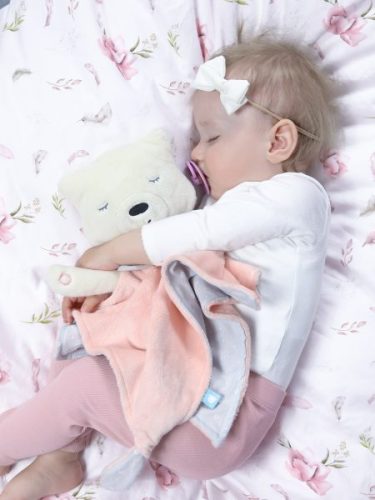 Doudou aide au sommeil myHummy rose et blanc | Peluche avec bruits blancs | Attache-tétine | Endormissement bébé