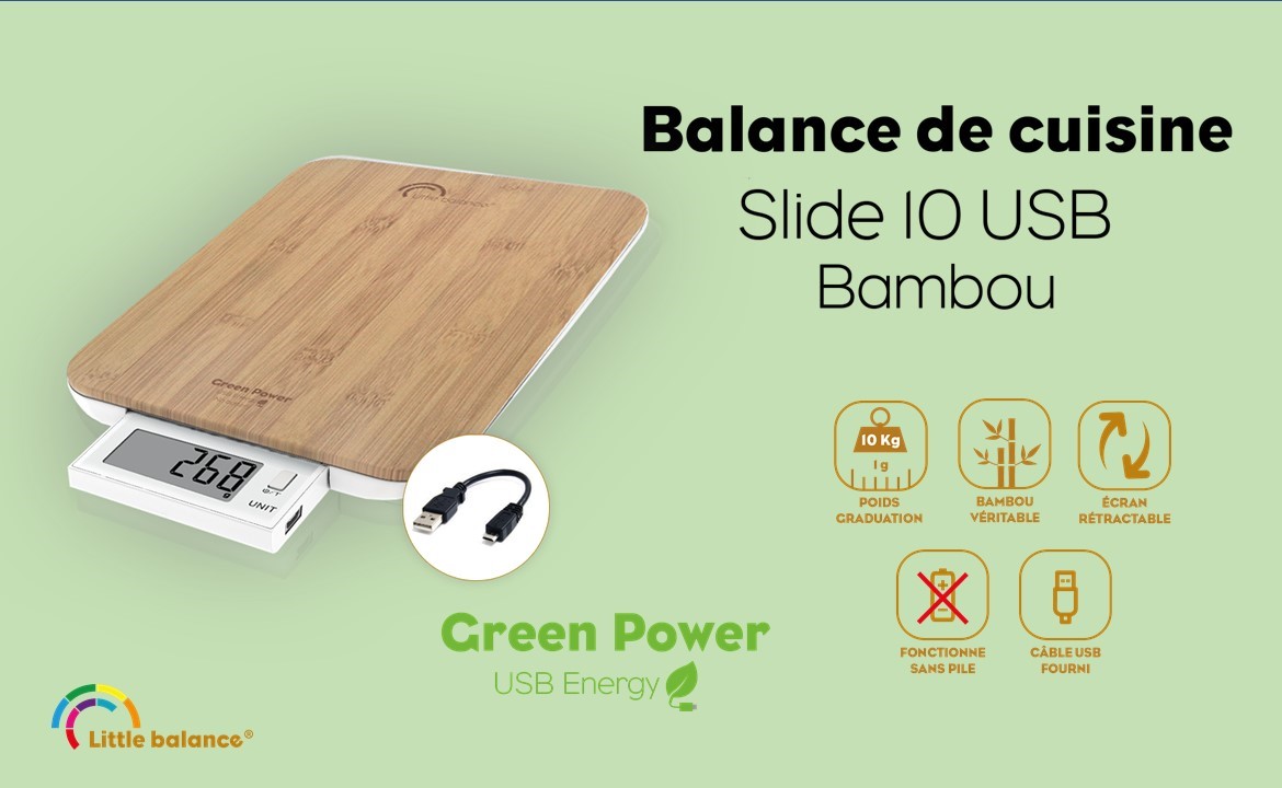 Balanza de Cocina sin Pilas Pantalla retráctil Bambú auténtico 10 kg / 1 g Recarga por USB Little Balance 8231 Slide 10 Bambou 