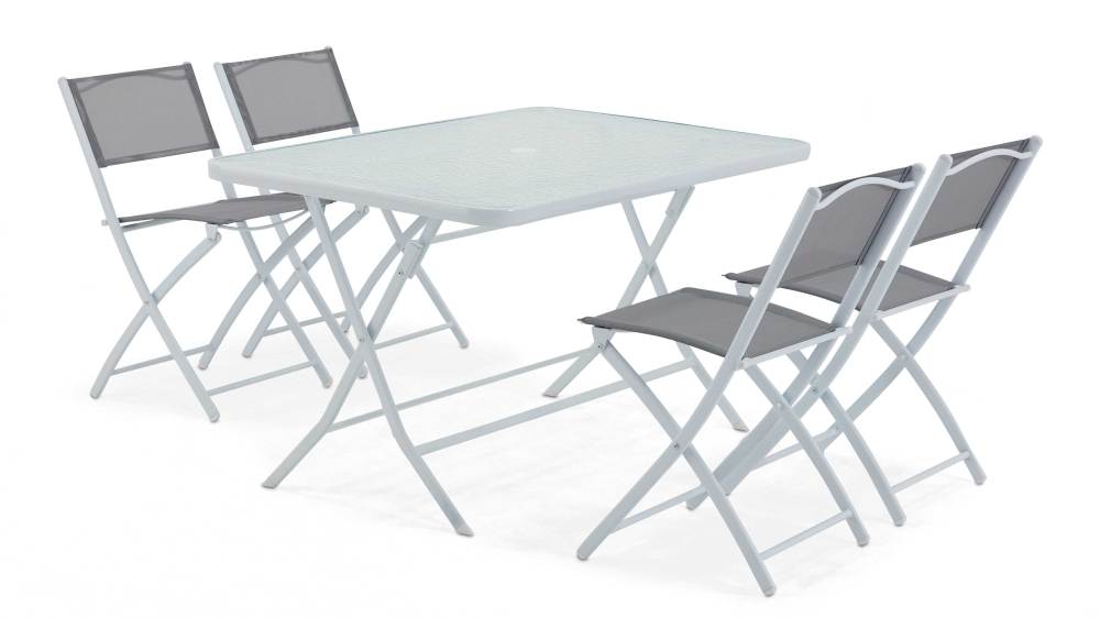 Table de jardin et 4 chaises pliantes en acier et verre