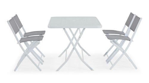 Table de jardin et 4 chaises pliantes en acier et verre