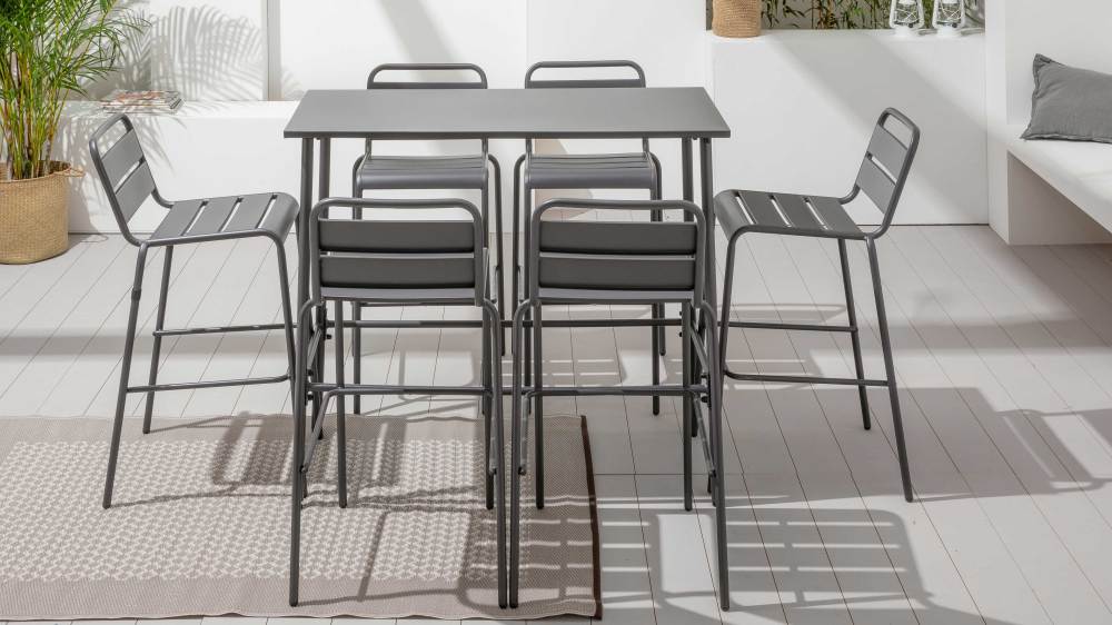 Table haute de jardin en métal gris et 6 tabourets