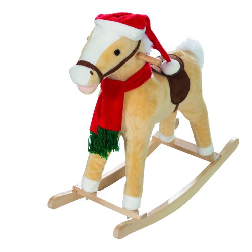 Cheval à bascule jaune avec chapeau et écharpe de Noël