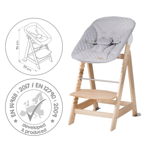Dimensions et norme de la chaise haute en bois avec transat gris