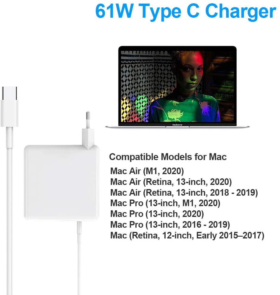 Chargeur USB Type C 61W pour Mac Book 2016 2017 2018 2019 2020 Pro ou Air et Autre téléphone/Pad/Ordinateur Portable de Type C Chargeur 61W Compatible avec Mac Book Pro Air