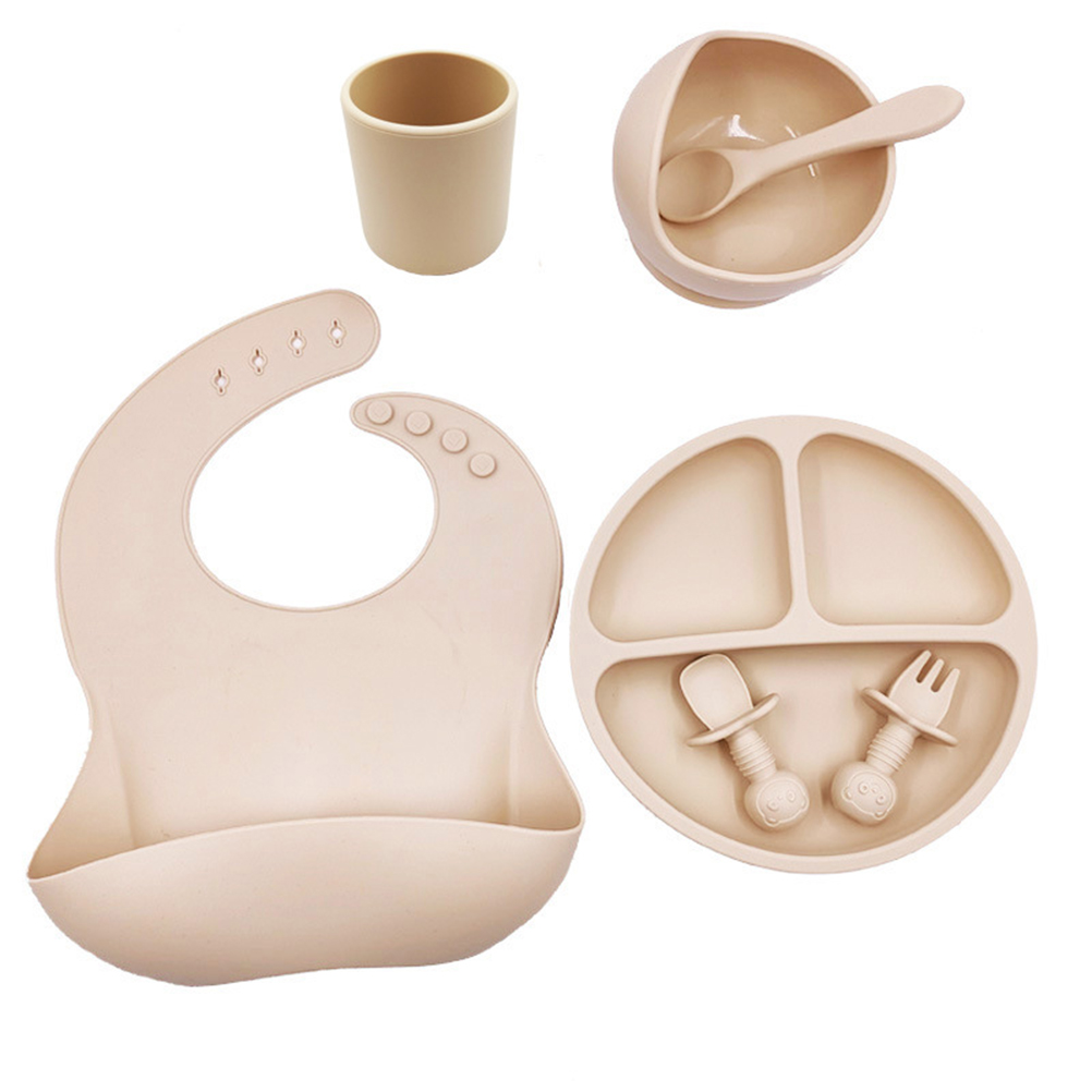 Set alimentation bébé sans BPA Vaisselle anti dérapante Utilisation set de repas dès 3 mois Kit complet bavoir Elements en silicone souple cuillère et sucette/tétine offerte bol ventouse