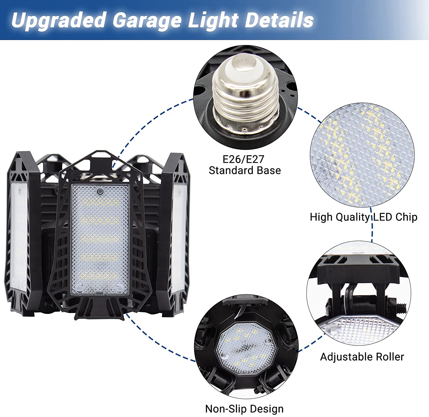 Fousômo 5+1 Éclairage de Garage à LED 80w 8000LM Lampe de Garage Déformables Plafonniers de Garage E26/E27 Lampe de Magasin pour Atelier 