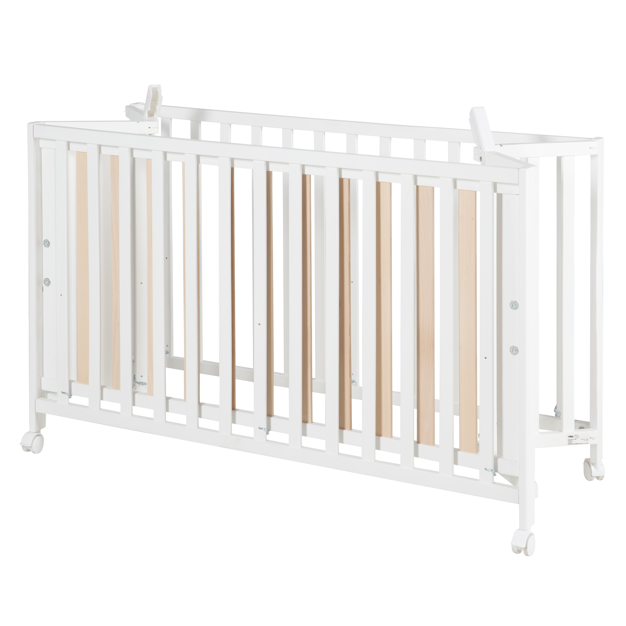 lit bébé à barreaux laqué en blanc réglable à 3 hauteurs roba Lit pliant Fold Up avec roulettes. 60x120cm 