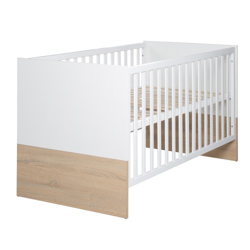 Lit bébé évolutif 70x140 en blanc et décor chêne Sonoma