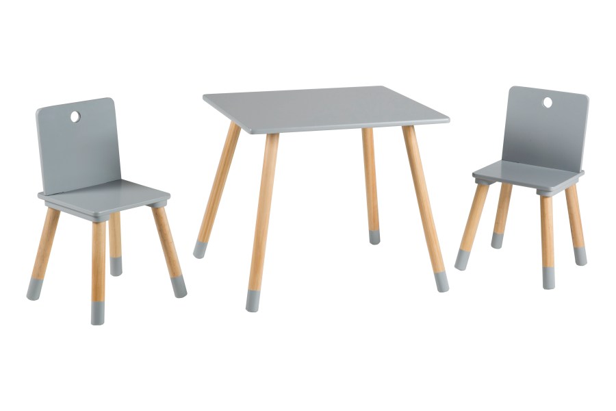 Ensemble de table et deux chaises d'enfants laqué gris avec pieds en bois massif
