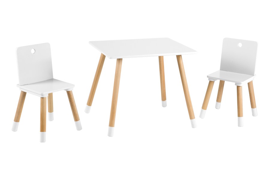 Ensemble de table et deux chaises d'enfants laqué blanc avec pieds en bois massif