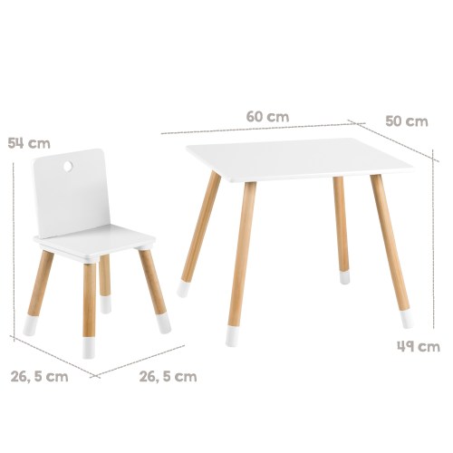 Dimensions de la table et de la chaise d'enfant laqués blanc