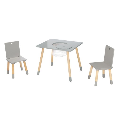 Ensemble de table et deux chaises d'enfants laqué gris avec espace de rangement