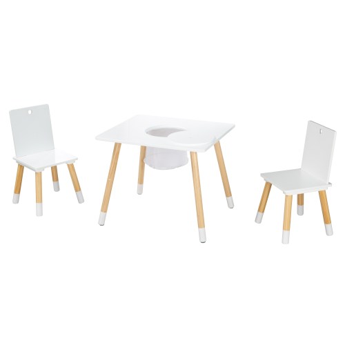 Ensemble de table et deux chaises d'enfants laqué blanc avec espace de rangement