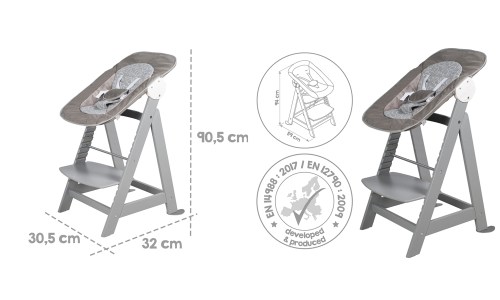 Dimensions et certification de la chaise haute avec transat gris