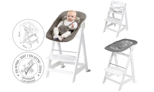 Dimensions et certification de la chaise haute blanche avec transat gris