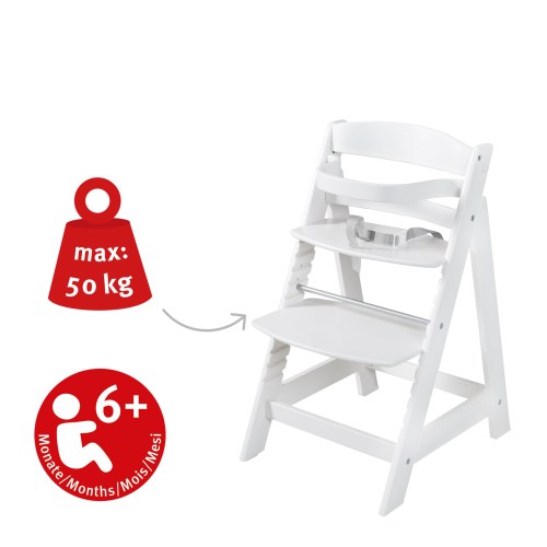 Chaise haute laqué blanc avec harnais et barre de protection supporte 50 kg