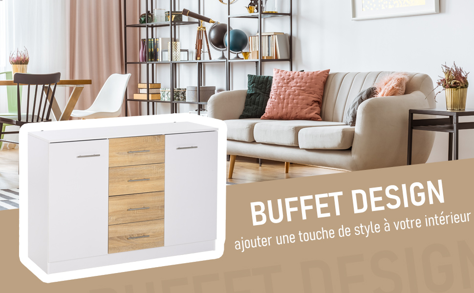 Buffet commode meuble de rangement 4 tiroirs coulissants 2 placards avec étagère blanc chêne clair