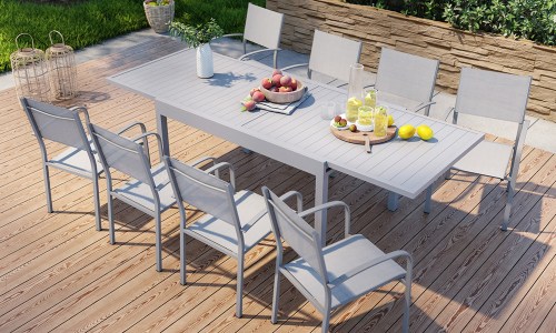 table de jardin en aluminium + 8 fauteuils en aluminium et textilène gris MILO8
