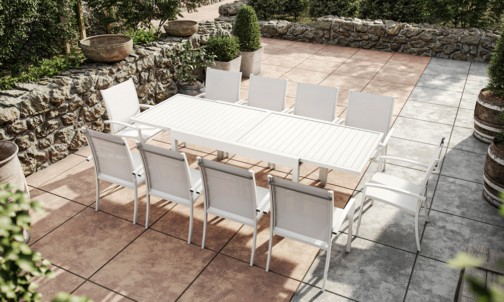 table de jardin extensible en aluminium + 10 fauteuils en textilène ANDRA