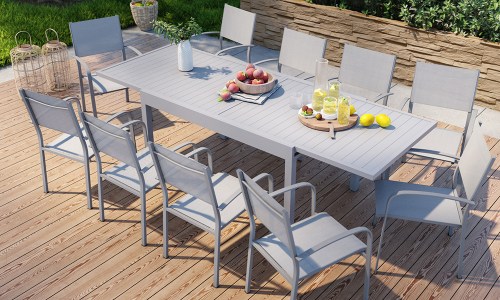 table de jardin en aluminium + 10 fauteuils en aluminium et textilène gris MILO10