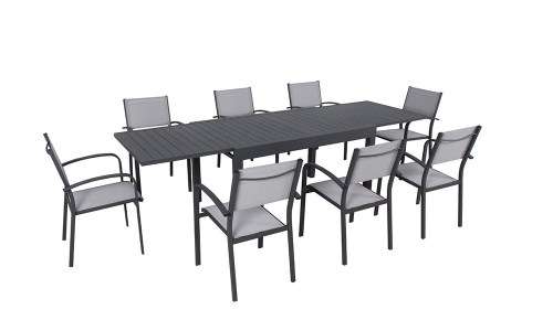 table de jardin en aluminium + 8 fauteuils en aluminium et textilène gris anthracite MILO8