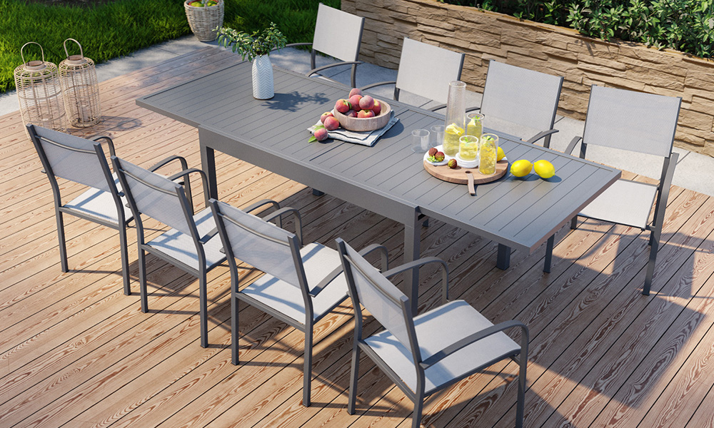table de jardin en aluminium + 8 fauteuils en aluminium et textilène gris anthracite MILO8
