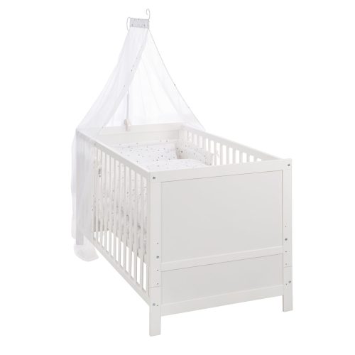 Lit bébé évolutif en bois laqué blanc avec accessoires de lit complets