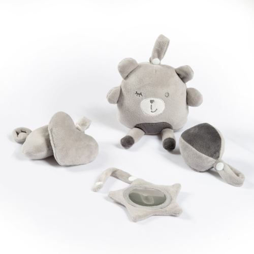 5 jouets gris en peluche forme de balle, coeur, étoile, nuage et ourson
