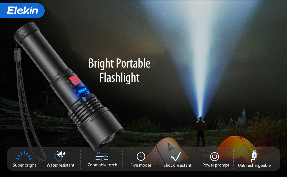 Elekin Lampe de Torche Zoomable Lampe de Poche LED Rechargeable 3000 Lumens To 