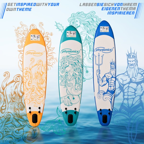 Physionics® Stand Up Paddle Board - Gonflable, 320 x 80 x 15 cm, avec Accessoires (Pagaie, Sac à Dos, Pompe, Laisse, Ailerons et Kit de Réparation), en Bleu, Poseidon - Planche de SUP