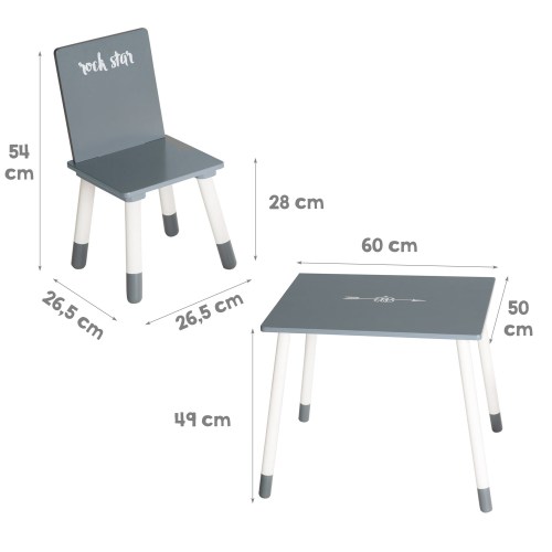 Les dimensions de la table et les deux chaises pour enfants