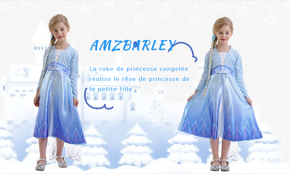 AmzBarley Robe de Princesse Reine des Neiges pour Fille Habiller de Enfant Costume Déguisement Halloween Carnaval Cosplay Fête Soirée Anniversaire 