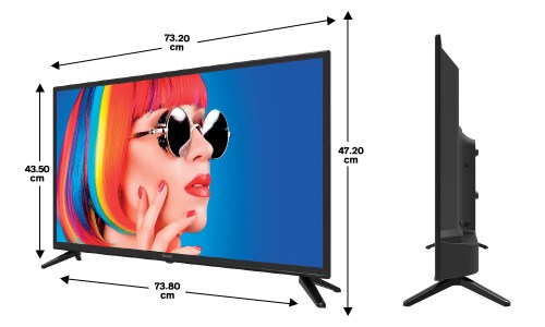 Les dimensions de la TV HD Polaroid 32' sont de 73.2cm par 43.5cm