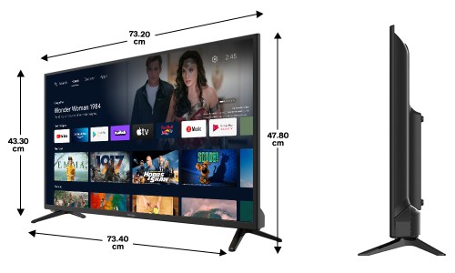 Les dimensions de la POLAROID SMART TV LED 43' HD sont de 73.2cm par 47.8 cm