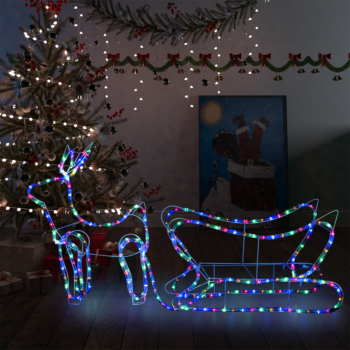 vidaXL Renne et Traîneau de Décoration de Noël 60 LED clairage Lumière Illumination de Noël Salon Chambre d'enfants Intérieur Extérieur Argenté 